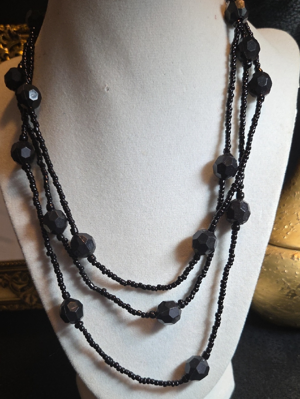 Black Layered Beaded Necklace - 31 Inch Length